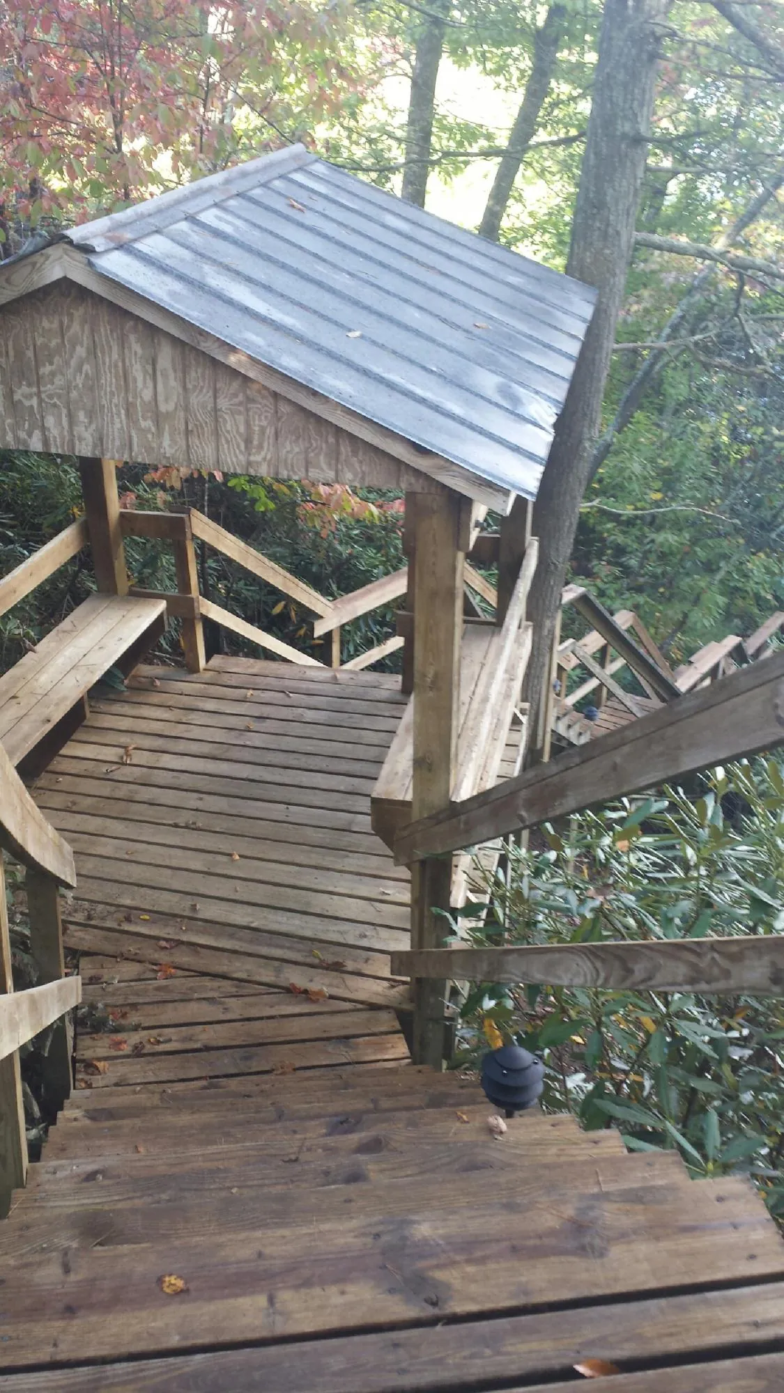 Metal roofed shelter over wooden steps on a wooded walkway — Skylight Repair & Installation work by our crew in Ramey